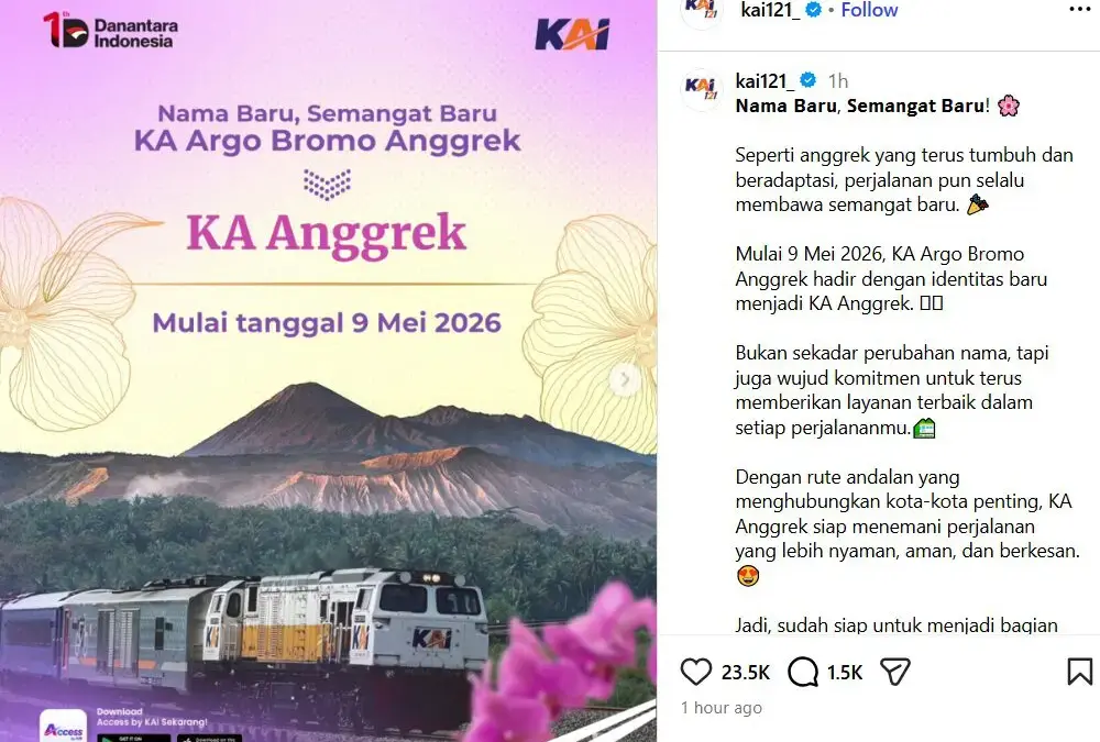 Pengumuman resmi dari KAI atas perubahan nama KA Argo Bromo Anggrek menjadi KA Anggrek, Selasa (5/5/2026). Fot