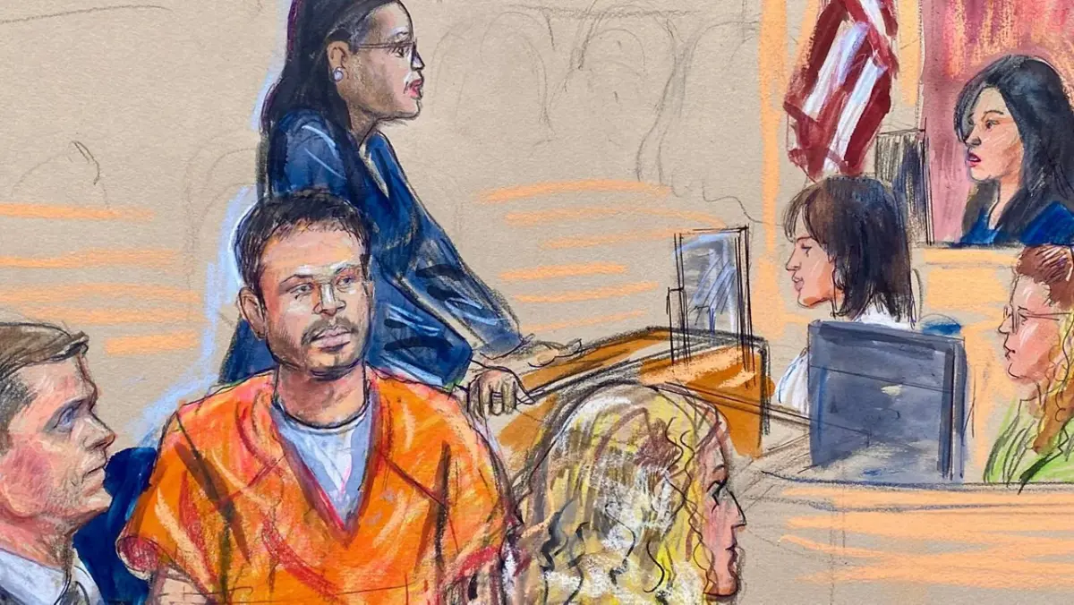 Sketsa ruang sidang ini menggambarkan Cole Tomas Allen, duduk di tengah, pria California yang ditangkap dalam