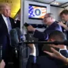 Presiden AS Donald Trump saat diwawancara wartawan dalam pesawat Air Force One usai lawatan dua hari ke China.