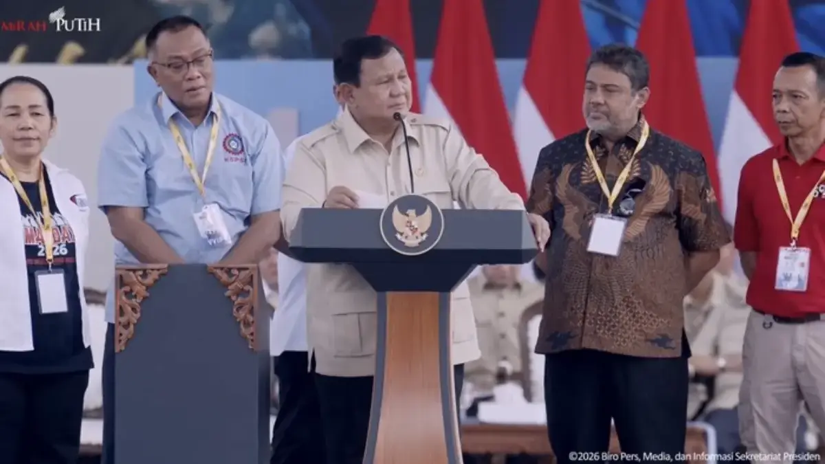 Presiden Prabowo Hadiri Peringatan Hari Buruh Internasional, Monas, 1 Mei 2025. (Tangkapan layar YouTube Setpr