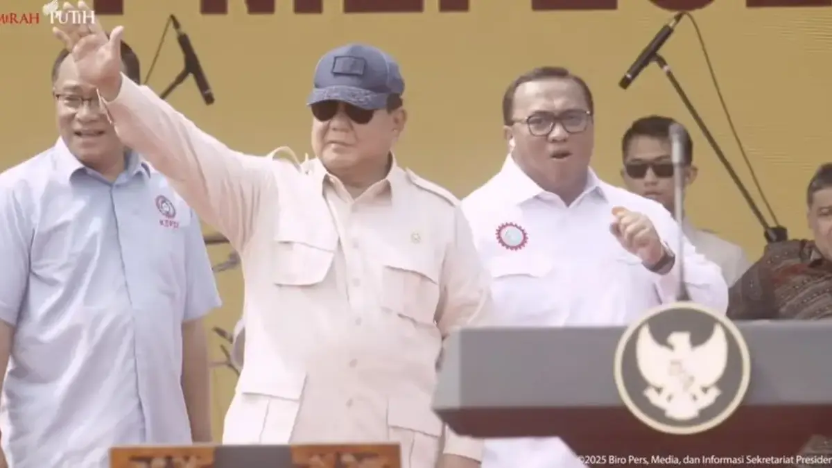 Presiden Prabowo Hadiri Peringatan Hari Buruh Internasional, Monas, 1 Mei 2025. (Tangkapan layar YouTube Setpr