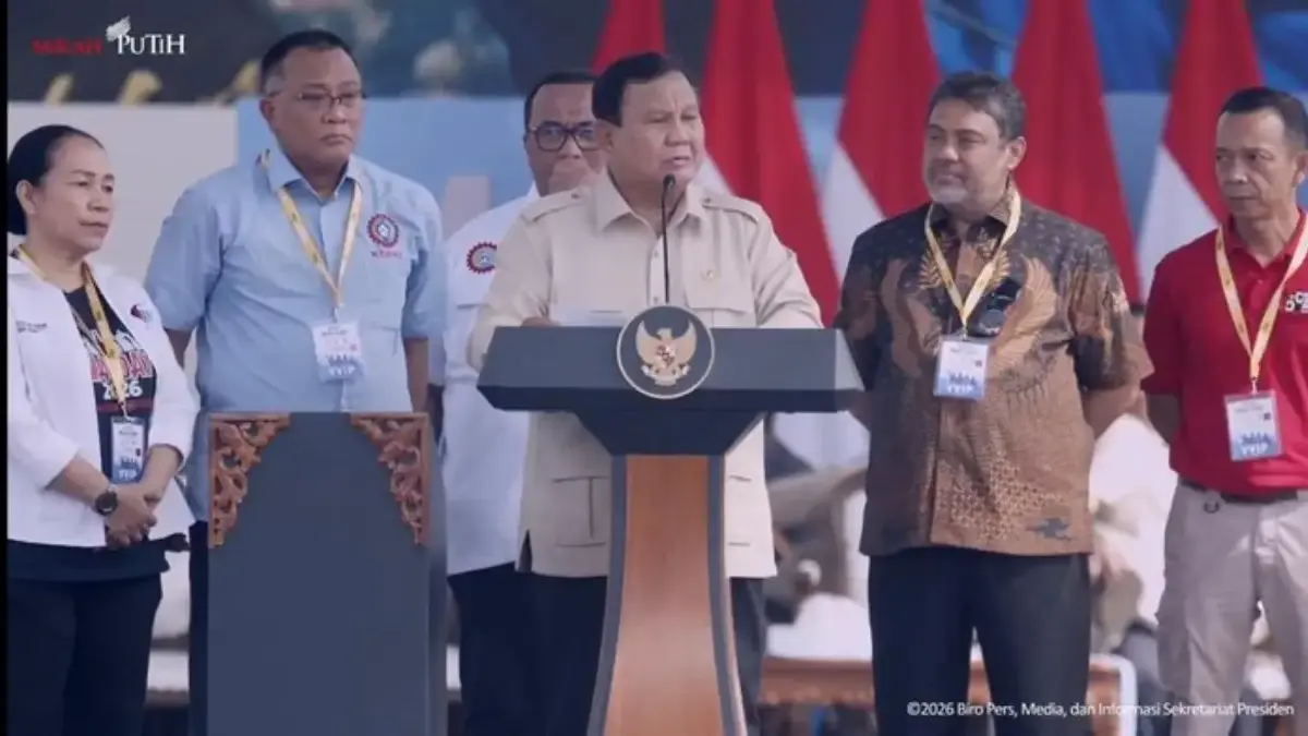 Presiden Prabowo Subianto menghadiri Hari Buruh Internasional atau May Day di Monas, Jakarta Pusat. (Dok. YouT