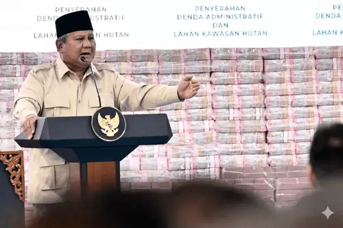 Presiden RI Prabowo Subianto saat memberikan sambutan di acara penyerahan uang ke kas negara di Kantor Kejagun