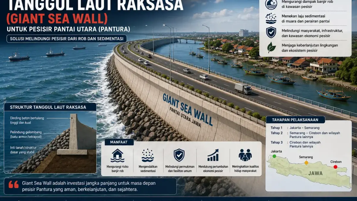 Mengapa Giant Sea Wall Dianggap Penting bagi Masa Depan Cirebon? Ilustrasi program Tanggul Laut Raksasa atau Giant Sea Wall yang akan dibangun pemerintah di sepanjang Jalur Pa