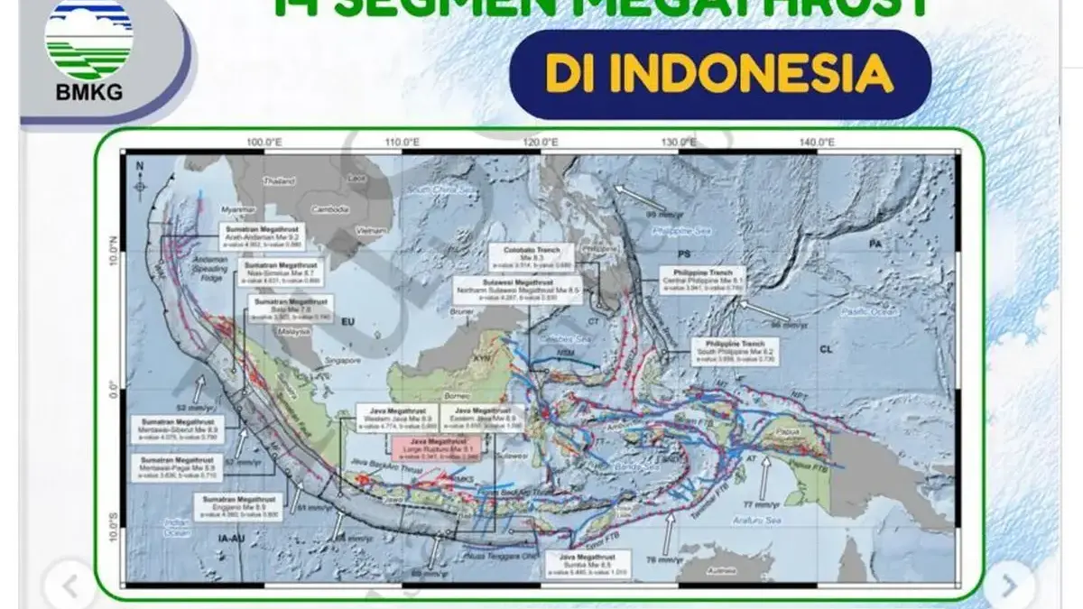 Tangkapan layar. BMKG Ungkap 14 Zona Megathrust yang Kepung Indonesia, Potensi Magnitudo hingga M9,2(BMKG)