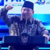 Presiden Prabowo Subianto saat memberikan sambutan di acara HUT ke-28 PAN yang digelar di Jakarta Convention C