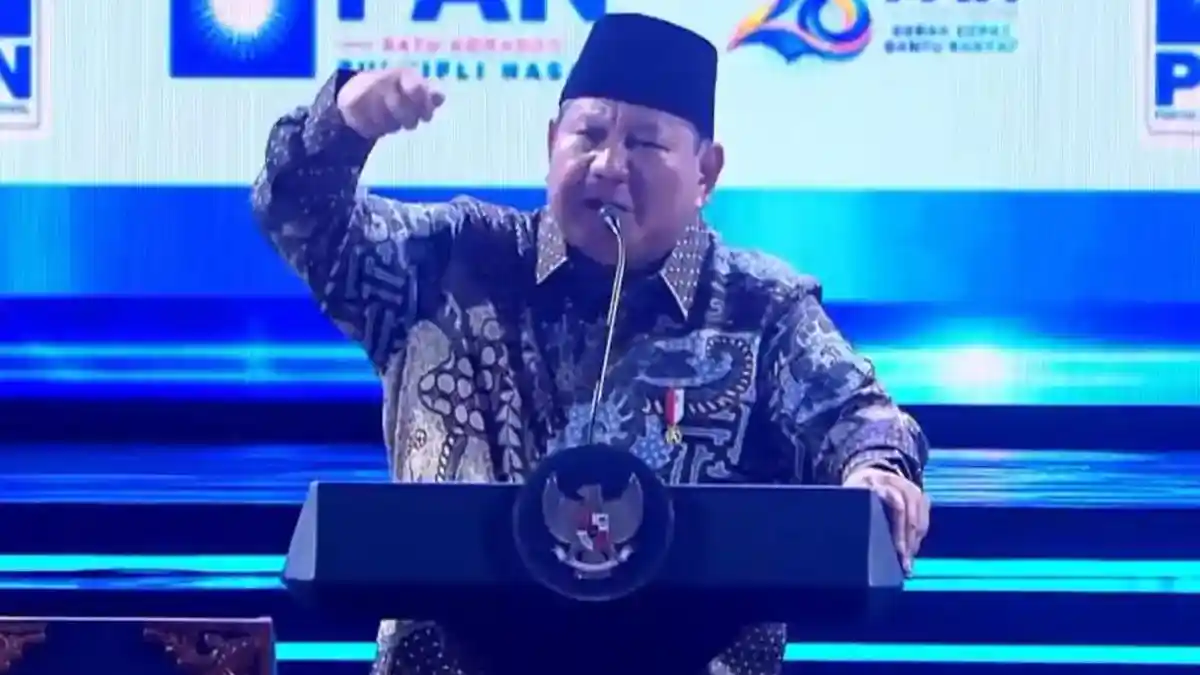 Presiden Prabowo Subianto saat memberikan sambutan di acara HUT ke-28 PAN yang digelar di Jakarta Convention C