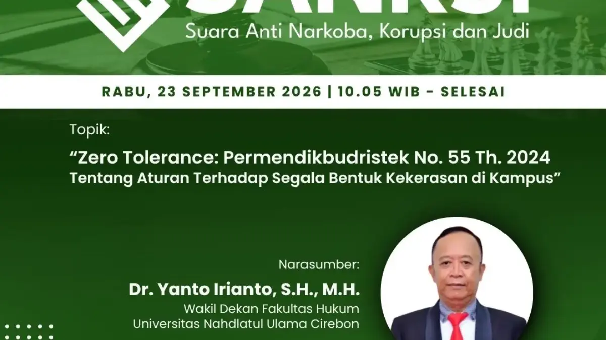 RRI Cirebon Angkat Isu Pencegahan Kekerasan di Kampus Lewat Program SANKSI, Hadirkan Pakar Hukum UNU Cirebon Program tersebut dijadwalkan mengudara pada Rabu, 23 September 2026, mulai pukul 10.05 WIB hingga selesai mela