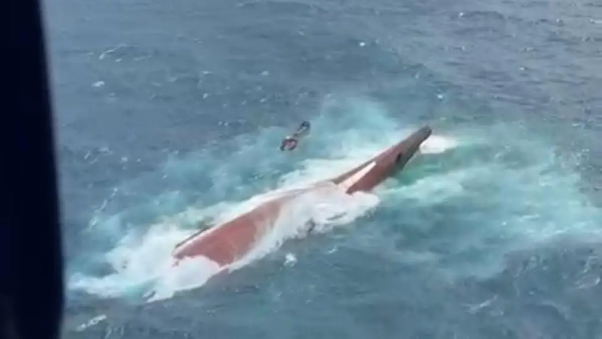 Penampakan KMP Virgo Transport 8 Rute Surabaya-Banjarmasin Terbalik di Laut Jawa Potret udara Kapal Virgo Transport 8 yang terbalik usai hilang kontak di Laut Jawa. (dok.Basarnas)